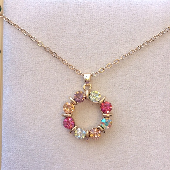 Rose, Champagne, Amethyst +Aurora Borealis Gold Crystal Circle Pendant Necklace - Picture 6 of 6